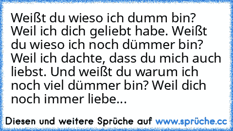 Weißt du wieso ich dumm bin? Weil ich dich geliebt habe. Weißt du wieso ich noch dümmer bin? Weil ich dachte, dass du mich auch liebst. Und weißt du warum ich noch viel dümmer bin? Weil dich noch immer liebe...