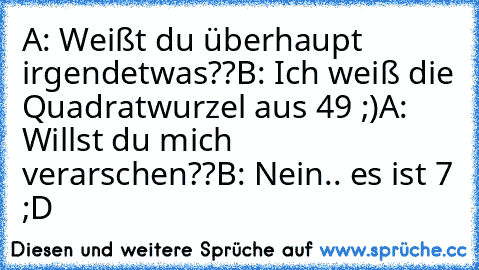 A: Weißt du überhaupt irgendetwas??
B: Ich weiß die Quadratwurzel aus 49 ;)
A: Willst du mich verarschen??
B: Nein.. es ist 7 ;D