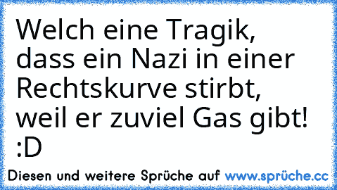 Welch eine Tragik, dass ein Nazi in einer Rechtskurve stirbt, weil er zuviel Gas gibt! :D