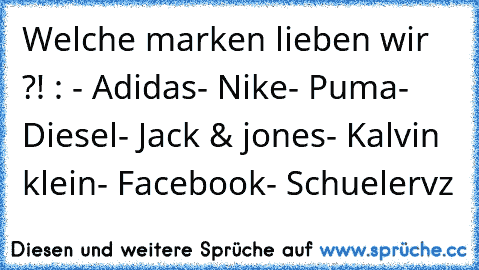 Welche marken lieben wir ?! : 
- Adidas
- Nike
- Puma
- Diesel
- Jack & jones
- Kalvin klein
- Facebook
- Schuelervz 