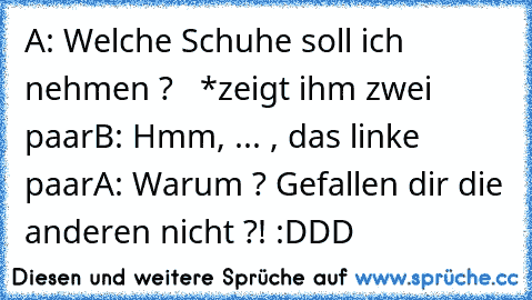 A: Welche Schuhe soll ich nehmen ?
   *zeigt ihm zwei paar
B: Hmm, ... , das linke paar
A: Warum ? Gefallen dir die anderen nicht ?! 
:DDD