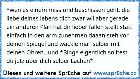 *wen es einem miss und beschissen geht, die liebe deines lebens dich zwar wil aber gerade ein anderen Plan hat dir lieber fallen stellt statt einfach in den arm zunehmen daaan steh vor deinen Spiegel und wackle mal  selber mit deinen Ohren...und *Bing* eigentlich solltest du jetz über dich selber Lachen*