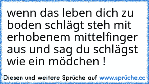 wenn das leben dich zu boden schlägt steh mit erhobenem mittelfinger aus und sag du schlägst wie ein mödchen ! ♥