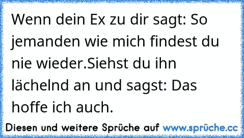 Wenn dein Ex zu dir sagt: So jemanden wie mich findest du nie wieder.
Siehst du ihn lächelnd an und sagst: Das hoffe ich auch.