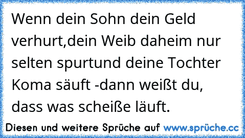 Wenn dein Sohn dein Geld verhurt,
dein Weib daheim nur selten spurt
und deine Tochter Koma säuft -
dann weißt du, dass was scheiße läuft.