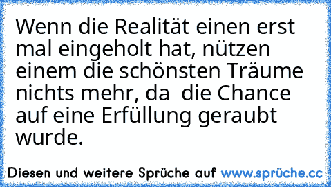 Wenn die Realität einen erst mal eingeholt hat, nützen einem die schönsten Träume nichts mehr, da  die Chance auf eine Erfüllung geraubt wurde.