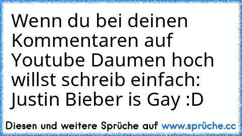 Wenn du bei deinen Kommentaren auf Youtube Daumen hoch willst schreib einfach: Justin Bieber is Gay :D