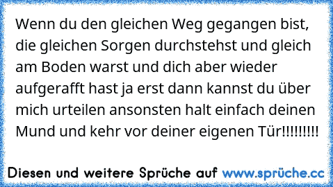 Wenn du den gleichen Weg gegangen bist, die gleichen Sorgen durchstehst und gleich am Boden warst und dich aber wieder aufgerafft hast ja erst dann kannst du über mich urteilen ansonsten halt einfach deinen Mund und kehr vor deiner eigenen Tür!!!!!!!!!