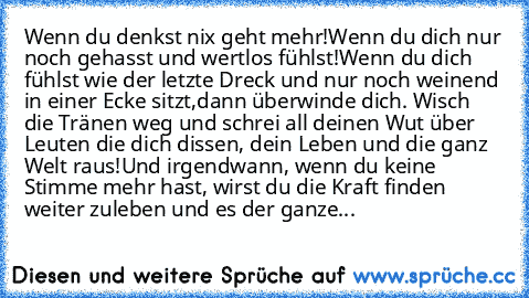 Wenn du denkst nix geht mehr!
Wenn du dich nur noch gehasst und wertlos fühlst!
Wenn du dich fühlst wie der letzte Dreck und nur noch weinend in einer Ecke sitzt,
dann überwinde dich. Wisch die Tränen weg und schrei all deinen Wut über Leuten die dich dissen, dein Leben und die ganz Welt raus!
Und irgendwann, wenn du keine Stimme mehr hast, wirst du die Kraft finden weiter zuleben und es der ga...