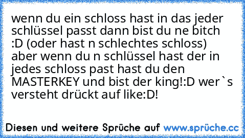 wenn du ein schloss hast in das jeder schlüssel passt dann bist du ne bitch :D (oder hast n schlechtes schloss) aber wenn du n schlüssel hast der in jedes schloss past hast du den MASTERKEY und bist der king!:D
 wer`s versteht drückt auf like:D!