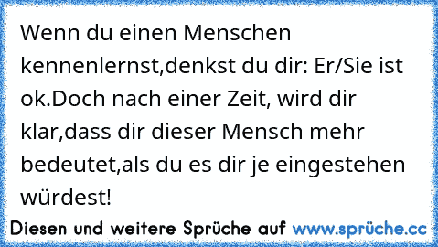 Wenn du einen Menschen kennenlernst,
denkst du dir: Er/Sie ist ok.
Doch nach einer Zeit, wird dir klar,
dass dir dieser Mensch mehr bedeutet,
als du es dir je eingestehen würdest!
♥ ♥ ♥