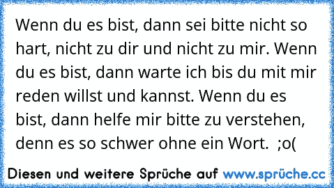 Wenn du es bist, dann sei bitte nicht so hart, nicht zu dir und nicht zu mir. Wenn du es bist, dann warte ich bis du mit mir reden willst und kannst. Wenn du es bist, dann helfe mir bitte zu verstehen, denn es so schwer ohne ein Wort.  ;o(