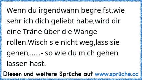 Wenn du irgendwann begreifst,
wie sehr ich dich geliebt habe,
wird dir eine Träne über die Wange rollen.
Wisch sie nicht weg,
lass sie gehen,
......
- so wie du mich gehen lassen hast.