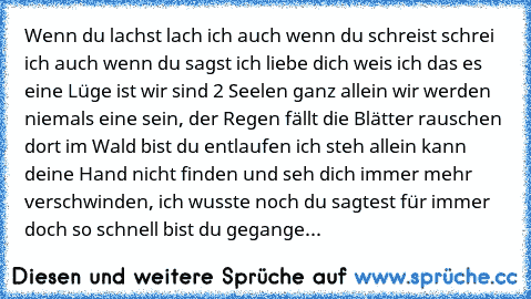 Wenn du lachst lach ich auch wenn du schreist schrei ich auch wenn du sagst ich liebe dich weis ich das es eine Lüge ist wir sind 2 Seelen ganz allein wir werden niemals eine sein, der Regen fällt die Blätter rauschen dort im Wald bist du entlaufen ich steh allein kann deine Hand nicht finden und seh dich immer mehr verschwinden, ich wusste noch du sagtest für immer doch so schnell bist du gega...