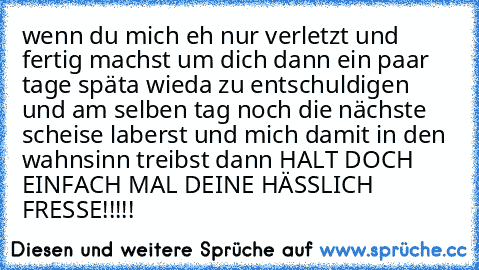 wenn du mich eh nur verletzt und fertig machst um dich dann ein paar tage späta wieda zu entschuldigen und am selben tag noch die nächste scheise laberst und mich damit in den wahnsinn treibst dann HALT DOCH EINFACH MAL DEINE HÄSSLICH FRESSE!!!!!