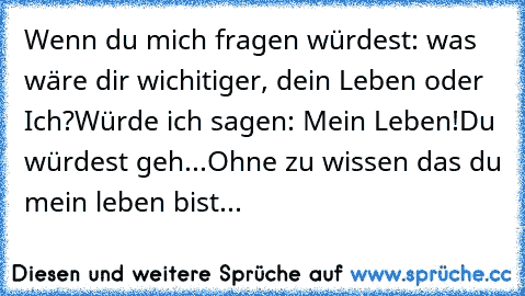 Wenn du mich fragen würdest: was wäre dir wichitiger, dein Leben oder Ich?
Würde ich sagen: Mein Leben!
Du würdest geh...
Ohne zu wissen das du mein leben bist...