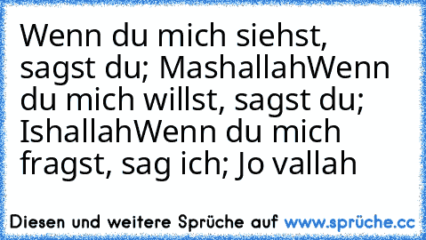 Wenn du mich siehst, sagst du; Mashallah
Wenn du mich willst, sagst du; Ishallah
Wenn du mich fragst, sag ich; Jo vallah