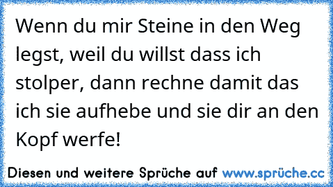 Wenn du mir Steine in den Weg legst, weil du willst dass ich stolper, dann rechne damit das ich sie aufhebe und sie dir an den Kopf werfe!