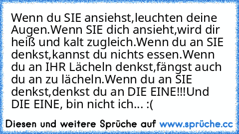 Wenn du SIE ansiehst,
leuchten deine Augen.
Wenn SIE dich ansieht,
wird dir heiß und kalt zugleich.
Wenn du an SIE denkst,
kannst du nichts essen.
Wenn du an IHR Lächeln denkst,
fängst auch du an zu lächeln.
Wenn du an SIE denkst,
denkst du an DIE EINE!!!
Und DIE EINE, bin nicht ich... :(