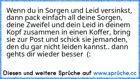 Wenn du in Sorgen und Leid versinkst, dann pack einfach all deine Sorgen, deine Zweifel und dein Leid in deinem Kopf zusammen in einen Koffer, bring sie zur Post und schick sie jemanden, den du gar nicht leiden kannst.. dann gehts dir wieder besser ♥ (: