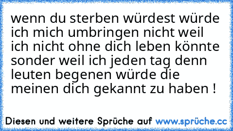 wenn du sterben würdest würde ich mich umbringen nicht weil ich nicht ohne dich leben könnte sonder weil ich jeden tag denn leuten begenen würde die meinen dich gekannt zu haben !