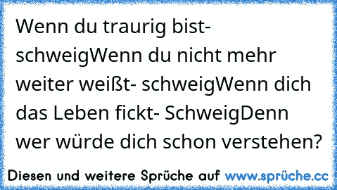 Wenn du traurig bist- schweig
Wenn du nicht mehr weiter weißt- schweig
Wenn dich das Leben fickt- Schweig
Denn wer würde dich schon verstehen?