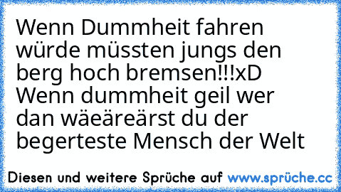 Wenn Dummheit fahren würde müssten jungs den berg hoch bremsen!!!xD 
Wenn dummheit geil wer  dan wäeäreärst du der begerteste Mensch der Welt