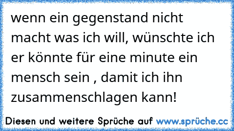 wenn ein gegenstand nicht macht was ich will, wünschte ich er könnte für eine minute ein mensch sein , damit ich ihn zusammenschlagen kann!