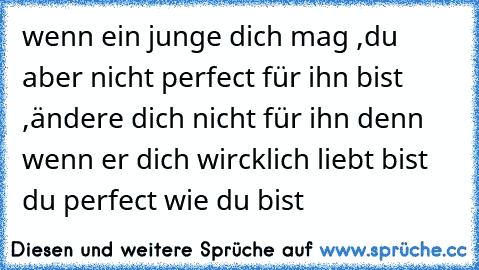 wenn ein junge dich mag ,du aber nicht perfect für ihn bist ,ändere dich nicht für ihn denn wenn er dich wircklich liebt bist du perfect wie du bist ♥