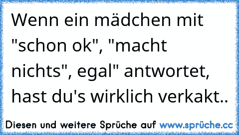 Wenn ein mädchen mit "schon ok", "macht nichts", egal" antwortet, hast du's wirklich verkakt..