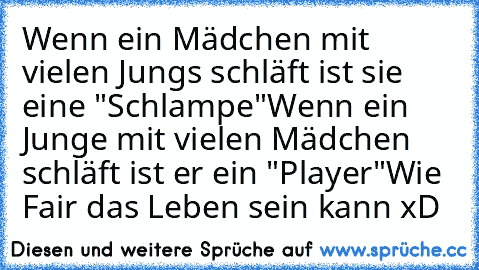 Wenn ein Mädchen mit vielen Jungs schläft ist sie eine "Schlampe"
Wenn ein Junge mit vielen Mädchen schläft ist er ein "Player"
Wie Fair das Leben sein kann xD