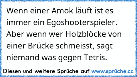 Wenn einer Amok läuft ist es immer ein Egoshooterspieler. Aber wenn wer Holzblöcke von einer Brücke﻿ schmeisst, sagt niemand was gegen Tetris.