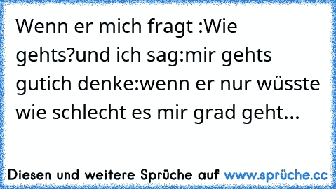 Wenn er mich fragt :
Wie gehts?
und ich sag:
mir gehts gut
ich denke:
wenn er nur wüsste wie schlecht es mir grad geht...♥