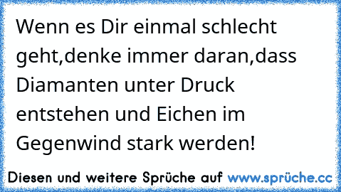 Wenn es Dir einmal schlecht geht,
denke immer daran,
dass Diamanten unter Druck entstehen und Eichen im Gegenwind stark werden!