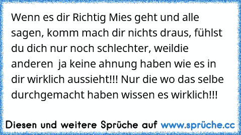 Wenn es dir Richtig Mies geht und alle sagen, komm mach dir nichts draus, fühlst du dich nur noch schlechter, weildie anderen  ja keine ahnung haben wie es in dir wirklich aussieht!!! Nur die wo das selbe durchgemacht haben wissen es wirklich!!!