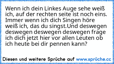 Wenn ich dein Linkes Auge sehe weiß ich, auf der rechten seite ist noch eins.
 Immer wenn ich dich Singen höre weiß ich, das du singst.
Und deswegen deswegen deswegen deswegen frage ich dich jetzt hier vor allen Leuten ob ich heute bei dir pennen kann?