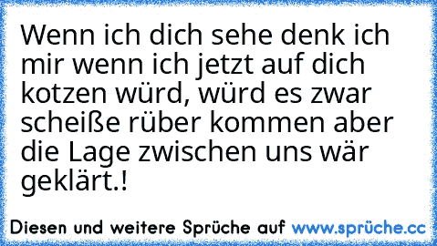 Wenn ich dich sehe denk ich mir wenn ich jetzt auf dich kotzen würd, würd es zwar scheiße rüber kommen aber die Lage zwischen uns wär geklärt.!