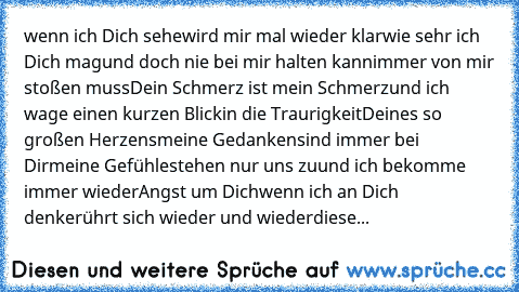 wenn ich Dich sehe
wird mir mal wieder klar
wie sehr ich Dich mag
und doch nie bei mir halten kann
immer von mir stoßen muss
Dein Schmerz ist mein Schmerz
und ich wage einen kurzen Blick
in die Traurigkeit
Deines so großen Herzens
meine Gedanken
sind immer bei Dir
meine Gefühle
stehen nur uns zu
und ich bekomme immer wieder
Angst um Dich
wenn ich an Dich denke
rührt sich wieder und wieder
diese...