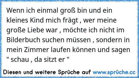 Wenn ich einmal groß bin und ein kleines Kind mich frägt , wer meine große Liebe war , möchte ich nicht im Bilderbuch suchen müssen , sondern in mein Zimmer laufen können und sagen " schau , da sitzt er "