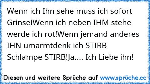 Wenn ich Ihn sehe muss ich sofort Grinse!
Wenn ich neben IHM stehe werde ich rot!
Wenn jemand anderes IHN umarmt
denk ich STIRB Schlampe STIRB!
Ja.... Ich Liebe ihn!