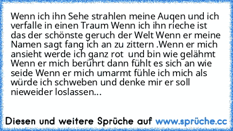 Wenn ich ihn Sehe strahlen meine Auqen und ich verfalle in einen Traum ♥
Wenn ich ihn rieche ist das der schönste geruch der Welt ♥
Wenn er meine Namen sagt fang ich an zu zittern ♥.
Wenn er mich ansieht werde ich ganz rot  und bin wie gelähmt ♥
Wenn er mich berührt dann fühlt es sich an wie seide ♥
Wenn er mich umarmt fühle ich mich als würde ich schweben und denke mir er soll nieweider loslassen...