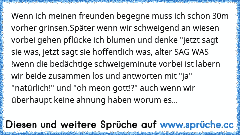 Wenn ich meinen freunden begegne muss ich schon 30m vorher grinsen.
Später wenn wir schweigend an wiesen vorbei gehen pflücke ich blumen und denke "jetzt sagt sie was, jetzt sagt sie hoffentlich was, alter SAG WAS !
wenn die bedächtige schweigeminute vorbei ist labern wir beide zusammen los und antworten mit "ja" "natürlich!" und "oh meon gott!?" auch wenn wir überhaupt keine ahnung haben worum...