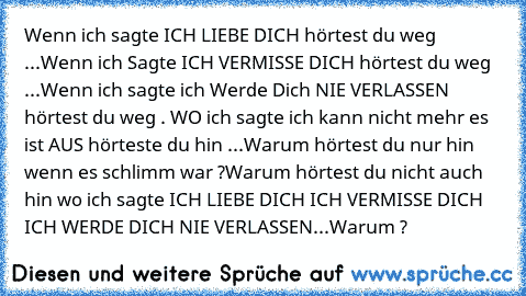 Wenn ich sagte ICH LIEBE DICH hörtest du weg ...
Wenn ich Sagte ICH VERMISSE DICH hörtest du weg ...
Wenn ich sagte ich Werde Dich NIE VERLASSEN hörtest du weg . 
WO ich sagte ich kann nicht mehr es ist AUS hörteste du hin ...
Warum hörtest du nur hin wenn es schlimm war ?
Warum hörtest du nicht auch hin wo ich sagte ICH LIEBE DICH ICH VERMISSE DICH ICH WERDE DICH NIE VERLASSEN...
Warum ?