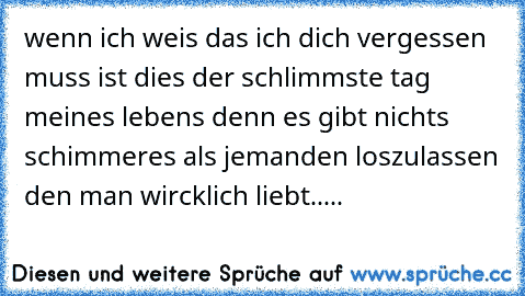 wenn ich weis das ich dich vergessen muss ist dies der schlimmste tag meines lebens denn es gibt nichts schimmeres als jemanden loszulassen den man wircklich liebt.....