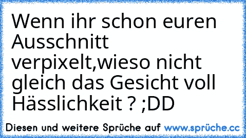 Wenn ihr schon euren Ausschnitt verpixelt,
wieso nicht gleich das Gesicht voll Hässlichkeit ? ;DD