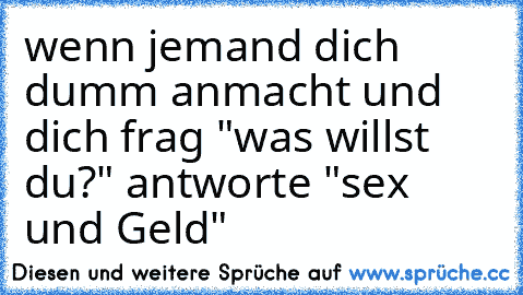 wenn jemand dich dumm anmacht und dich frag "was willst du?" antworte "sex und Geld"