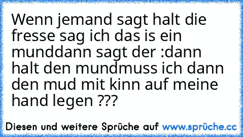 Wenn jemand sagt halt die fresse sag ich das is ein mund
dann sagt der :dann halt den mund
muss ich dann den mud mit kinn auf meine hand legen ???