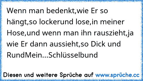 Wenn man bedenkt,
wie Er so hängt,
so lockerund lose,
in meiner Hose,
und wenn man ihn rauszieht,
ja wie Er dann aussieht,
so Dick und Rund
Mein
.
.
.
Schlüsselbund