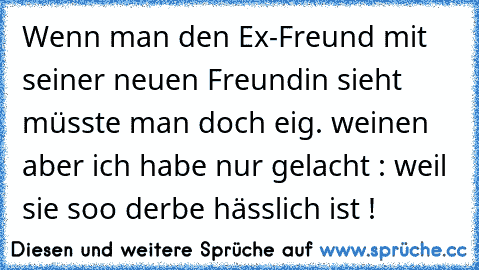 Wenn man den Ex-Freund mit seiner neuen Freundin sieht müsste man doch eig. weinen aber ich habe nur gelacht : weil sie soo derbe hässlich ist !