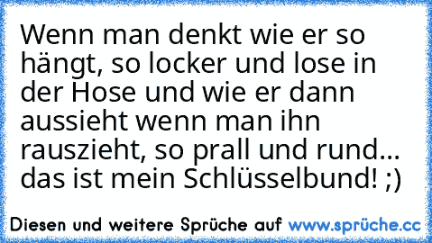 Wenn man denkt wie er so hängt, so locker und lose in der Hose und wie er dann aussieht wenn man ihn rauszieht, so prall und rund... das ist mein Schlüsselbund! ;)